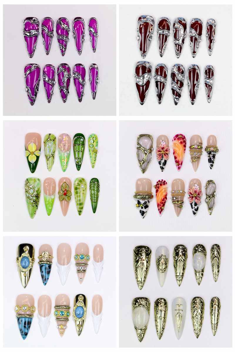 Resin Art Purple - 10Pcs Kuku Palsu Stiletto Panjang Mengkilap